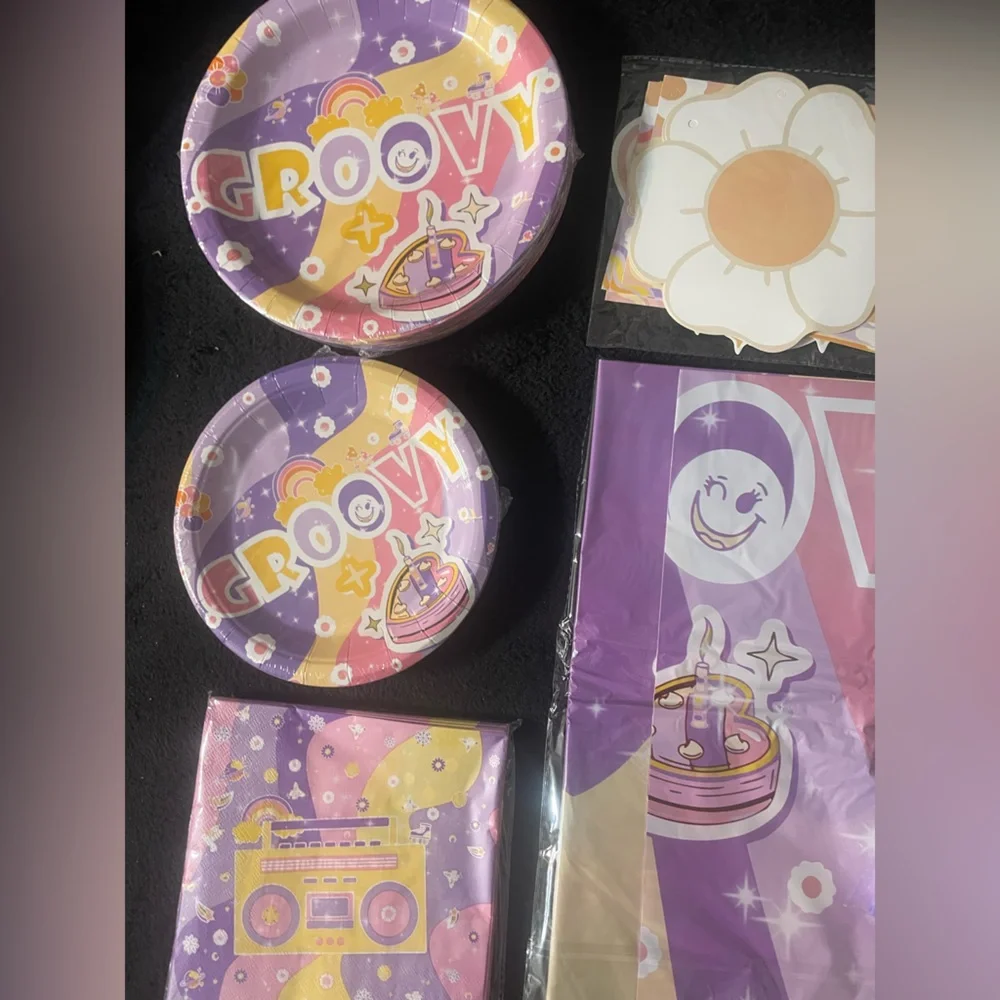 Groovy Purple Birthday Party Supplies Set Plates straw banner cups all in one 25
